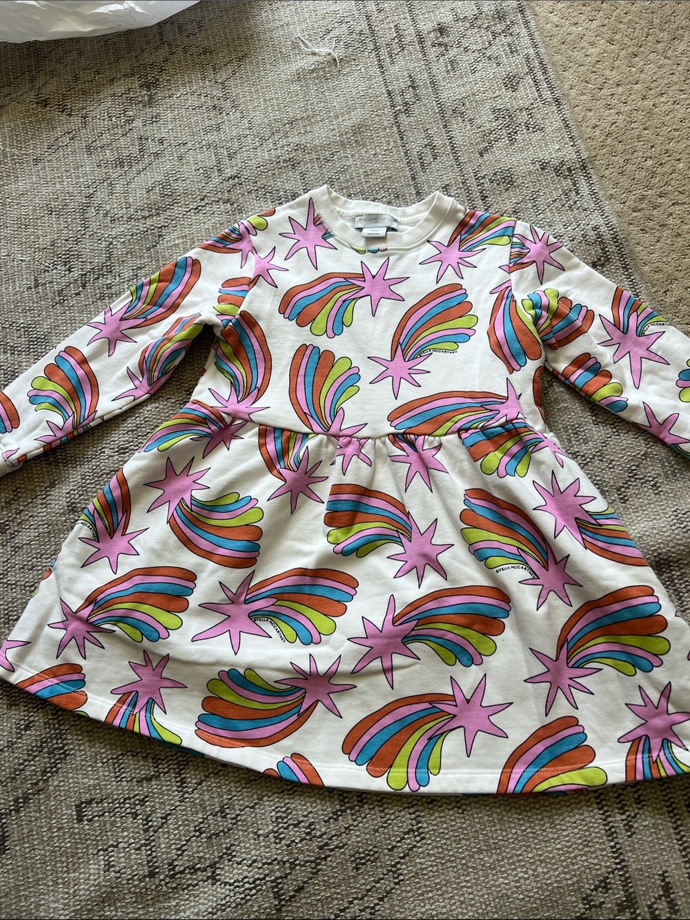 Stella McCartney Kids White Dress with Pink Stars & Multicolor Rainbows